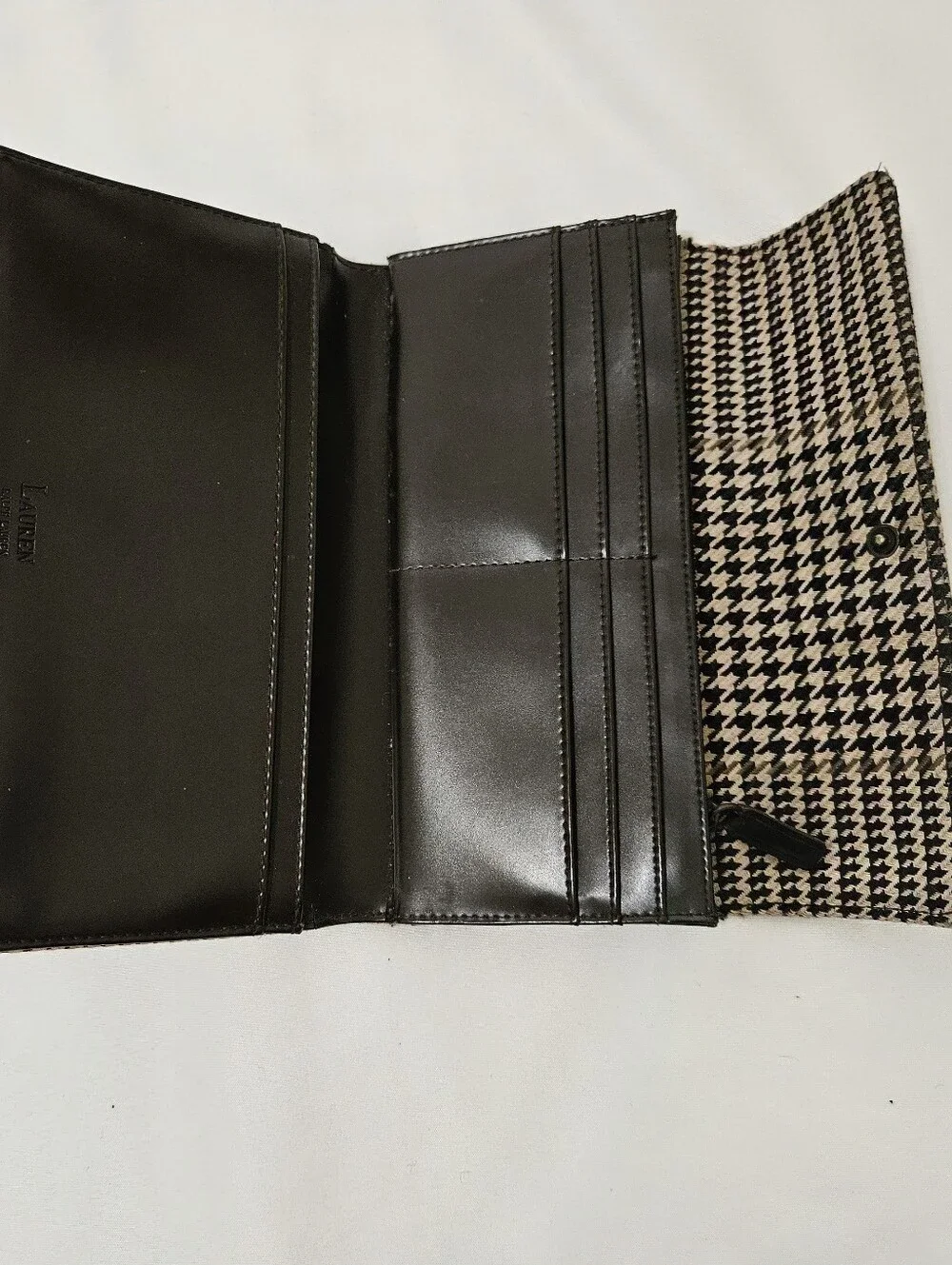 Lauren Ralph Lauren Women’s Brown Houndstooth Snap Flap Wallet Zip Pocket ID